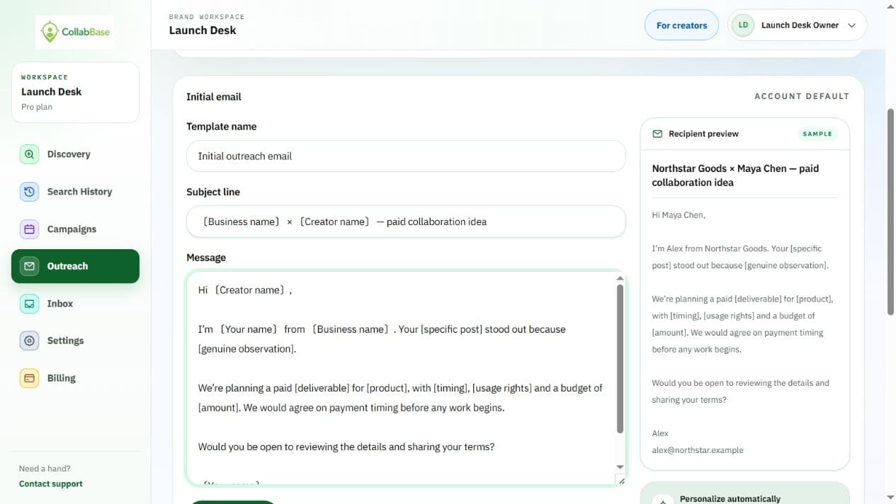 Actual CollabBase template editor with editable subject and message, plus a clearly labeled sample recipient preview.